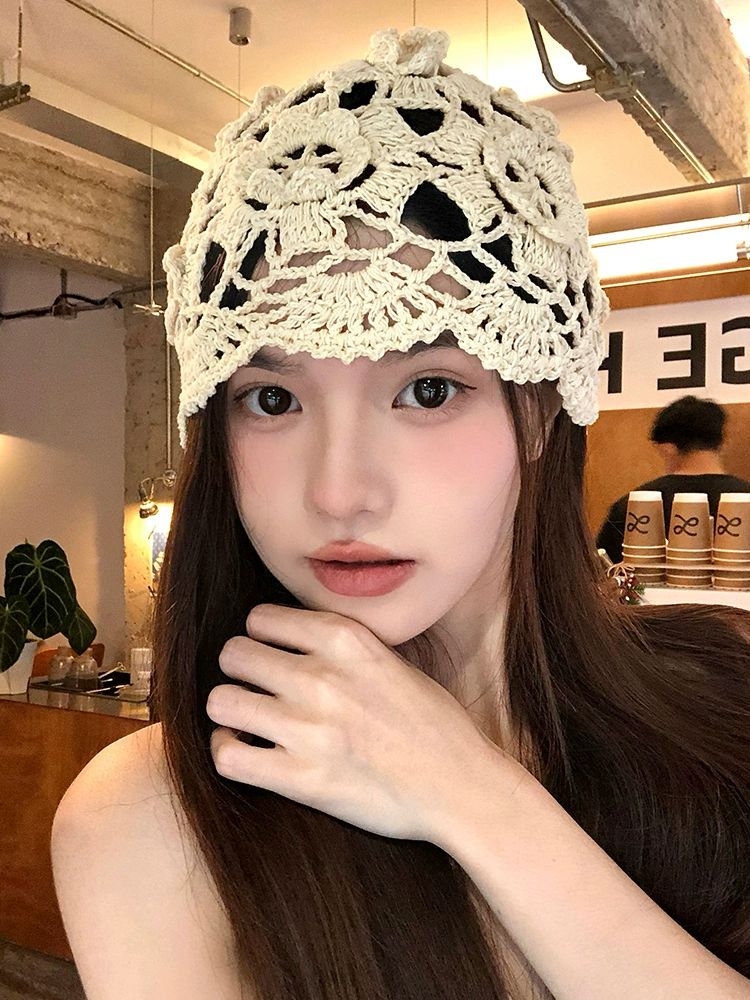 여름비니 여성 봄 얇은 뜨개 두건 펀칭 실내 모자 베이지 수제 후크꽃 - 상세 이미지 4