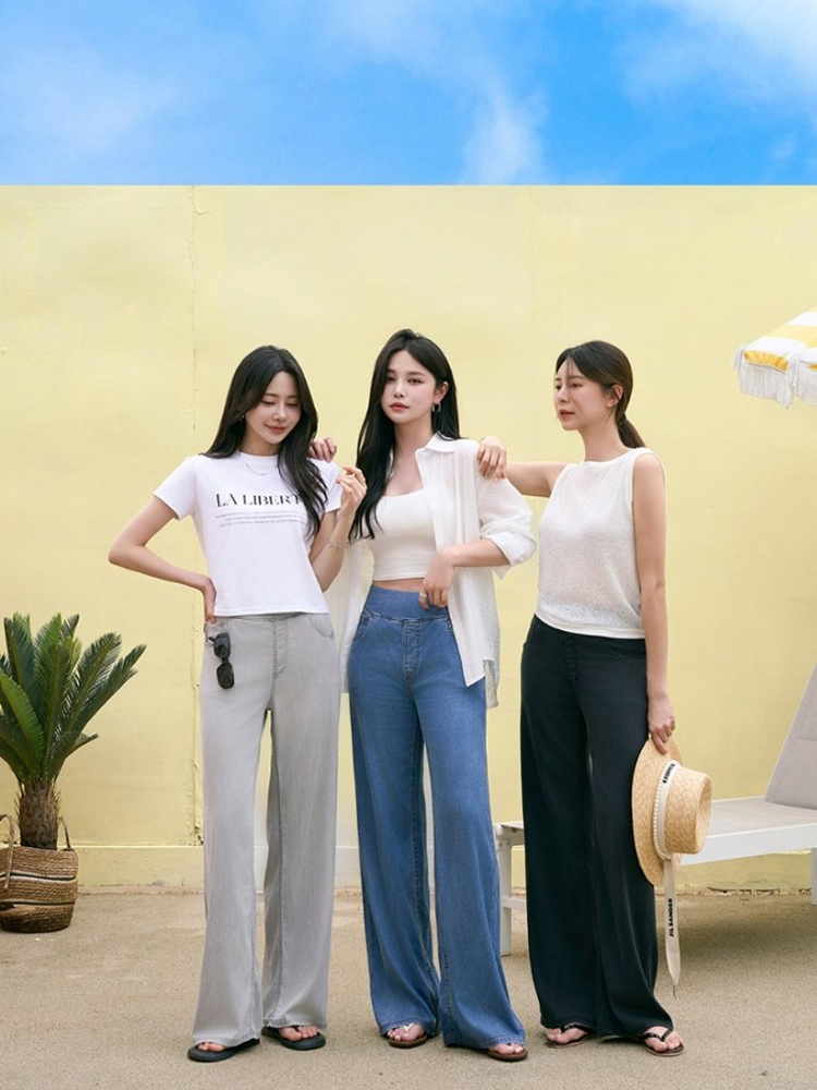 하이웨스트 쿨링 텐셀 밴딩진 여자 와이드진 쿨 데님 팬츠 여성여름청바지 고무줄 통청바지 이미지 2