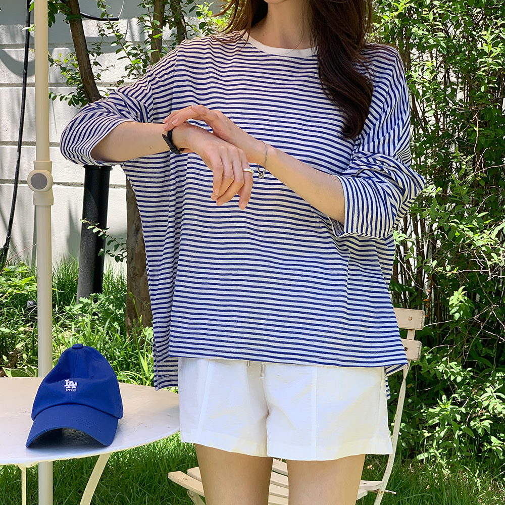 4497 살안타 얇은 오버핏 스트라이프 긴팔 티셔츠 여름 - 상품 이미지