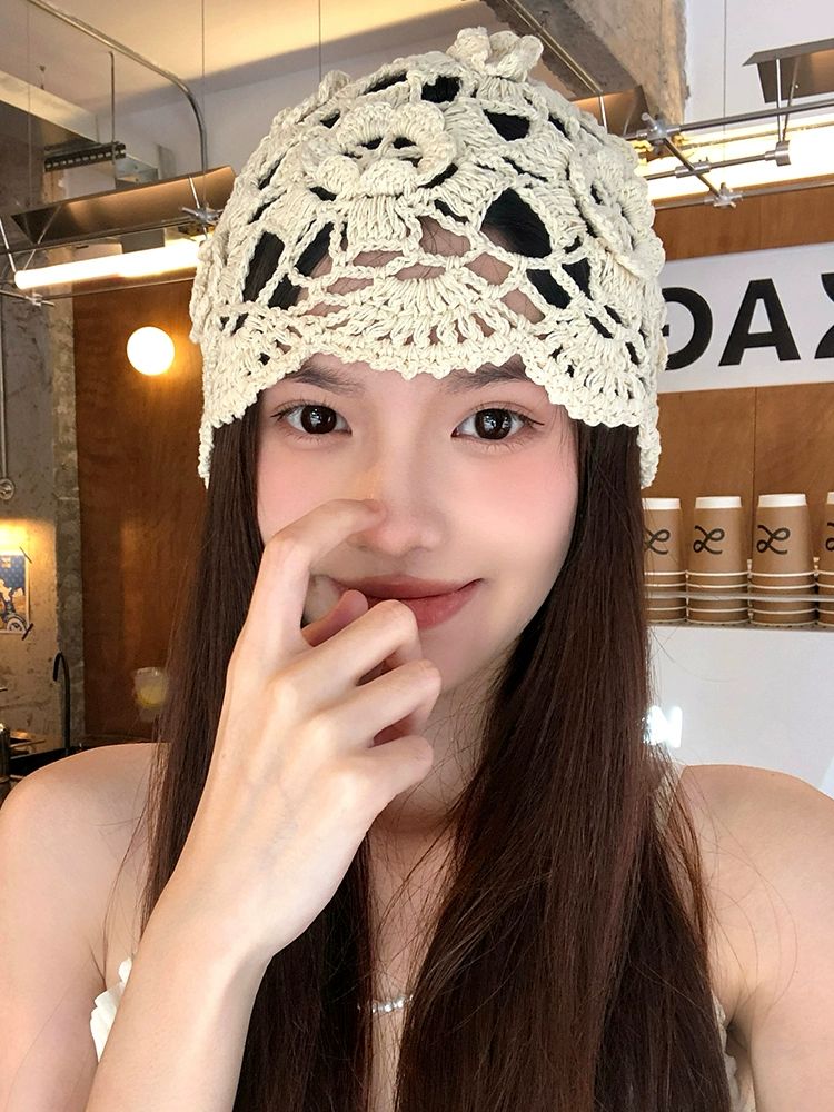 여름비니 여성 봄 얇은 뜨개 두건 펀칭 실내 모자 베이지 수제 후크꽃 - 상세 이미지 2