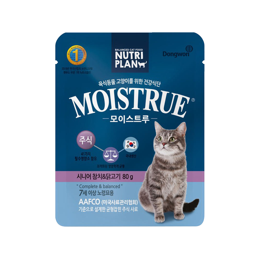 동원 모이스트루 주식 아기 고양이 습식 파우치 사료 참치 닭고기 시니어, 80g, 1개