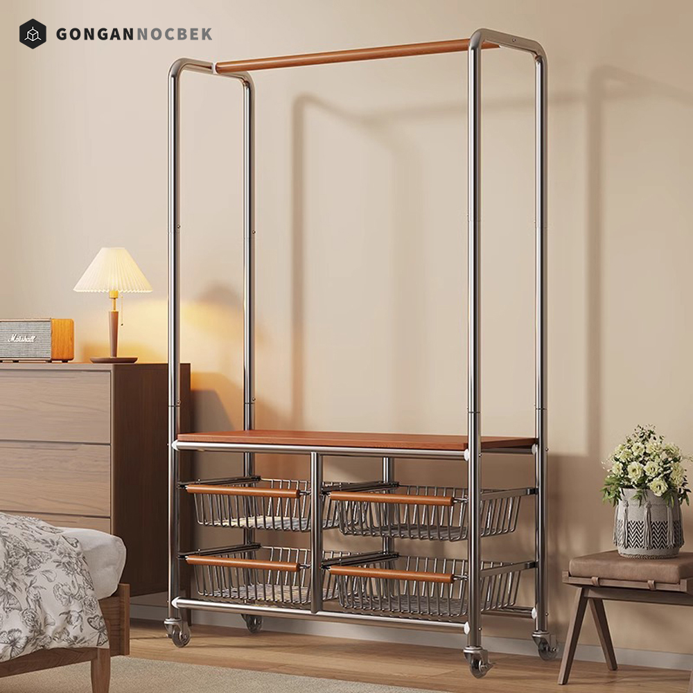수납 행거 이동식 무타공 원목 철제 선반 스탠드 옷걸이