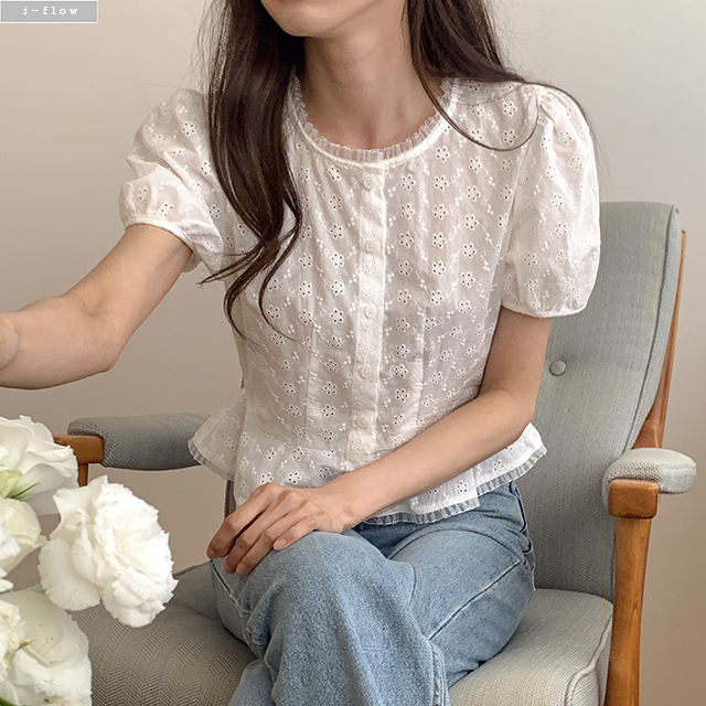 앤토 레이스 셔링 크롭 블라우스 2col 여름 베이비돌 코튼 라운드 볼륨 제이플로우 이미지 7