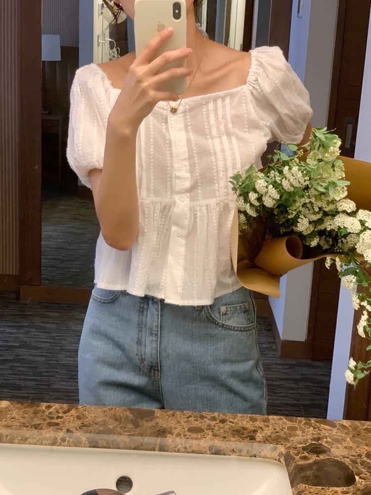 스퀘어넥 셔링 오프숄더 반팔 블라우스 크롭 퍼프 소매 여성 여름 블라우스 화이트 핑크 - 상세 이미지 4