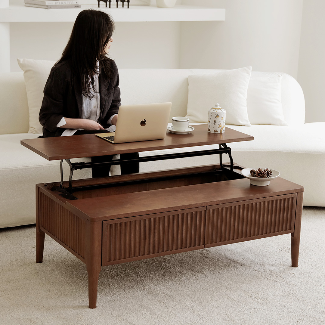 자야캠핑 포르보 직사각 원목 월넛 서랍형 리프트업 거실 소파 테이블