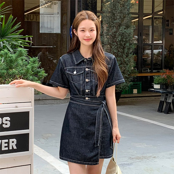 엘바 카라 랩 코튼 데님 반팔 미니 원피스 op16093