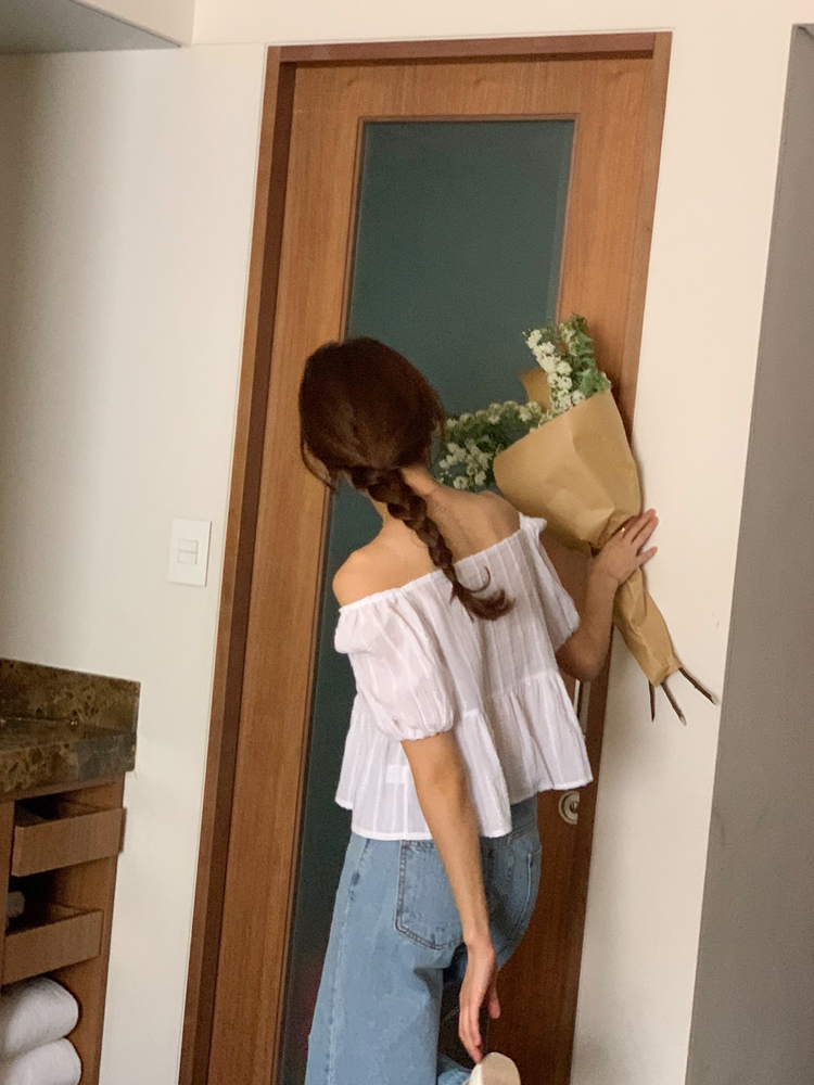 스퀘어넥 셔링 오프숄더 반팔 블라우스 크롭 퍼프 소매 여성 여름 블라우스 화이트 핑크 이미지 6