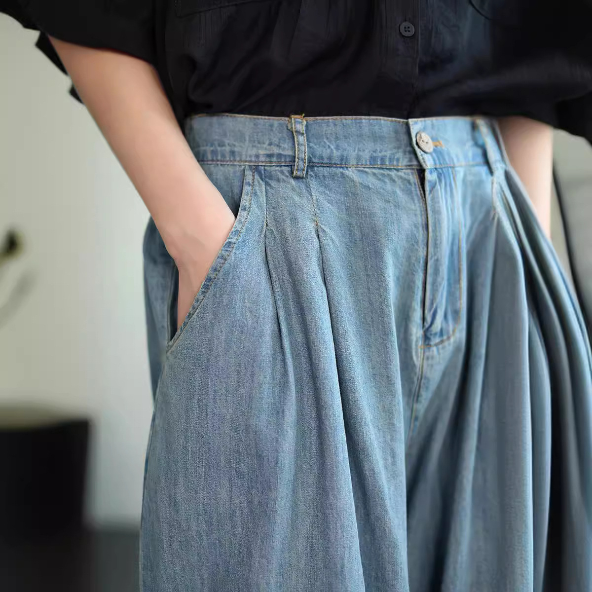 하마마스 여름 9부 뒷밴딩 와이드 데님팬츠 배기핏 - 상세 이미지 4