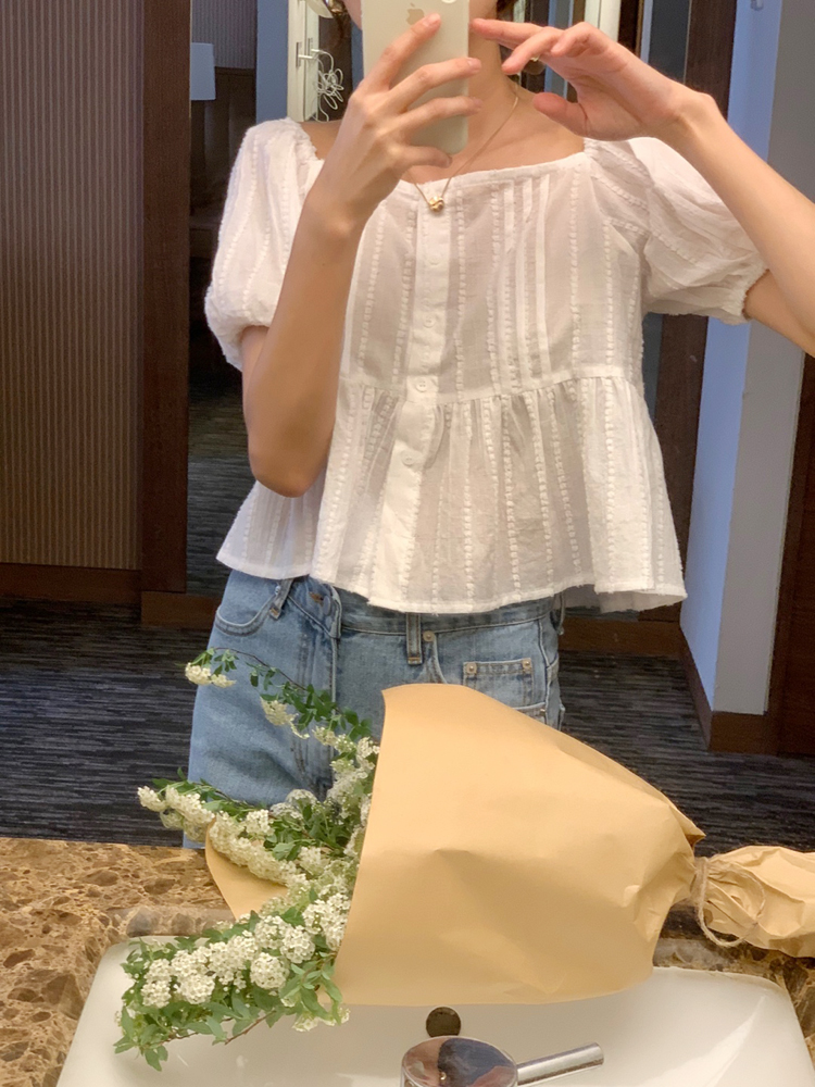 스퀘어넥 셔링 오프숄더 반팔 블라우스 크롭 퍼프 소매 여성 여름 블라우스 화이트 핑크 - 상세 이미지 2