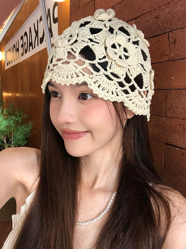 여름비니 여성 봄 얇은 뜨개 두건 펀칭 실내 모자 베이지 수제 후크꽃 - 상세 이미지 3