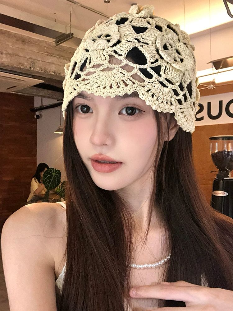 여름비니 여성 봄 얇은 뜨개 두건 펀칭 실내 모자 베이지 수제 후크꽃 - 상세 이미지 5