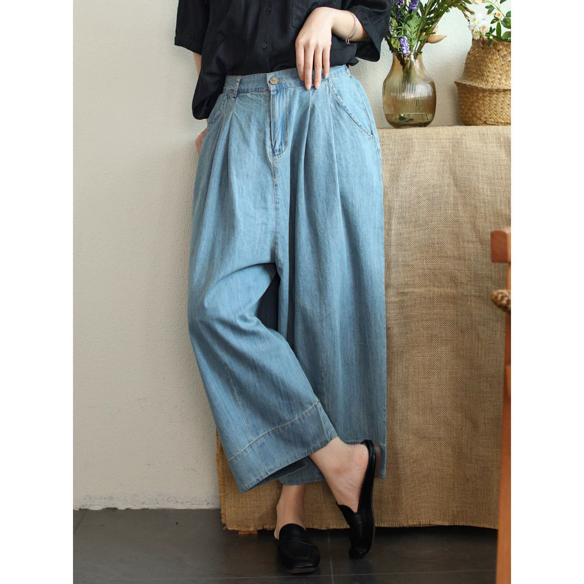 하마마스 여름 9부 뒷밴딩 와이드 데님팬츠 배기핏 - 상품 이미지