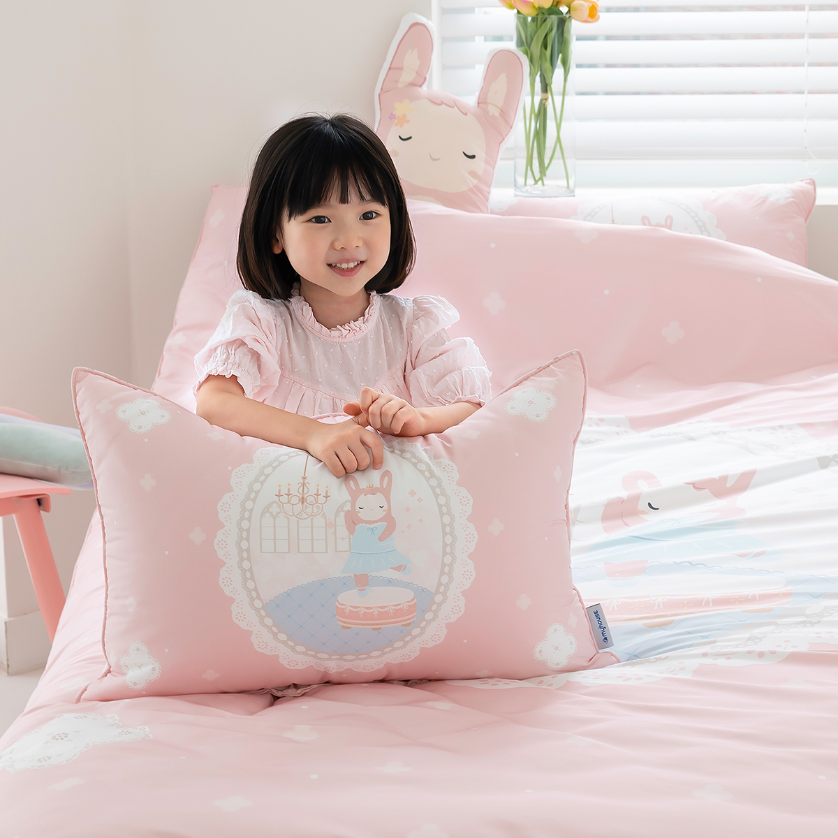 키즈 알러지 사계절 무봉제 누빔 이불커버 베개세트 발레리나 릴리 (토끼), S.SS(싱글.슈퍼싱글겸용)