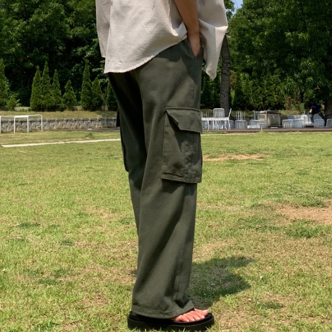 남자 페로 면 밴딩 스트링 와이드 카고 팬츠 - 상세 이미지 4