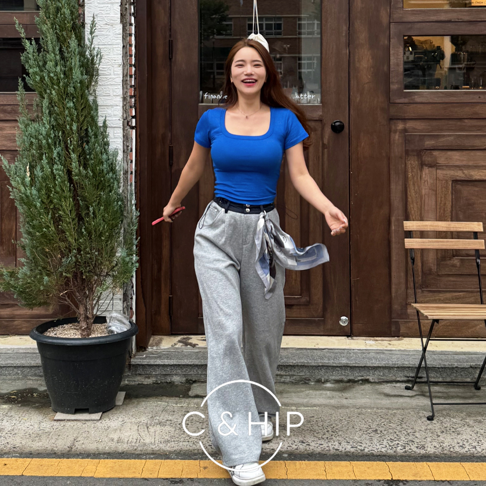 웨이스트 로우 배색 투버튼 턱 스트링 면 트랙 와이드팬츠 4color - 상세 이미지 2