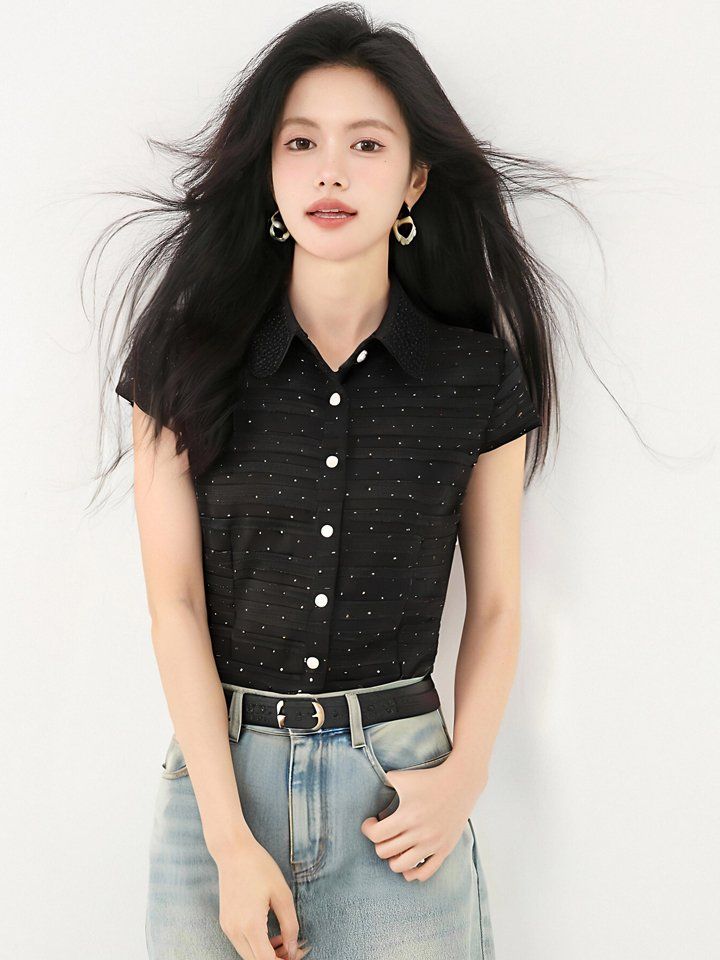 자수카라 반팔 셔츠 블라우스 슬림핏 봄 여름 데일리룩 오피스룩 출근룩 면접룩 하객룩 - 상세 이미지 5