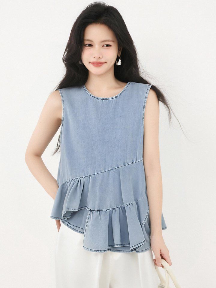 봄 여름 루즈핏 데님 나시 블라우스 민소매 프릴 언발란스 데일리룩 페미닌룩 체형커버 - 상세 이미지 2