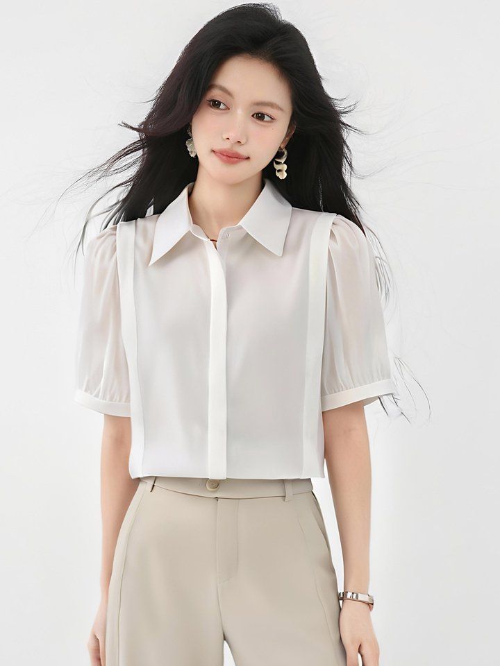 봄 여름 루즈핏 퍼프소매 반팔 셔츠 카라 블라우스 데일리룩 오피스룩 출근룩 시원한 폴리 - 상세 이미지 5