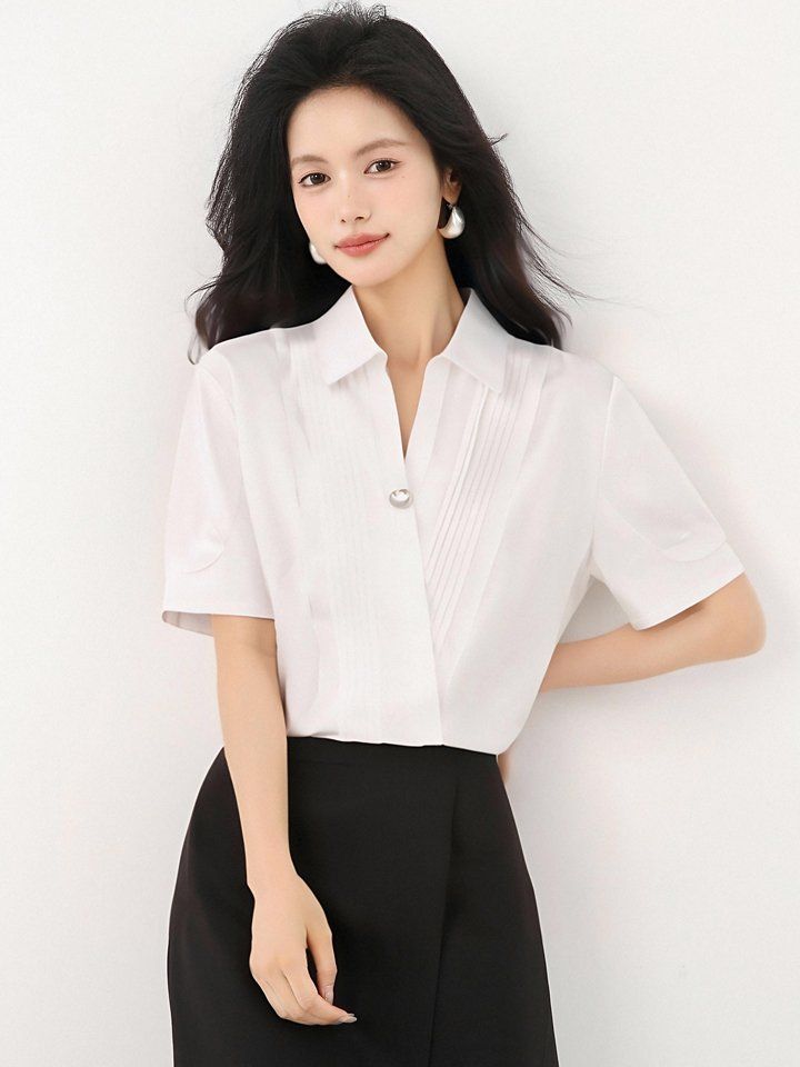 봄 여름 루즈핏 핀턱 브이넥 셔츠 블라우스 반팔 카라 원버튼 데일리룩 오피스룩 출근룩 - 상세 이미지 3