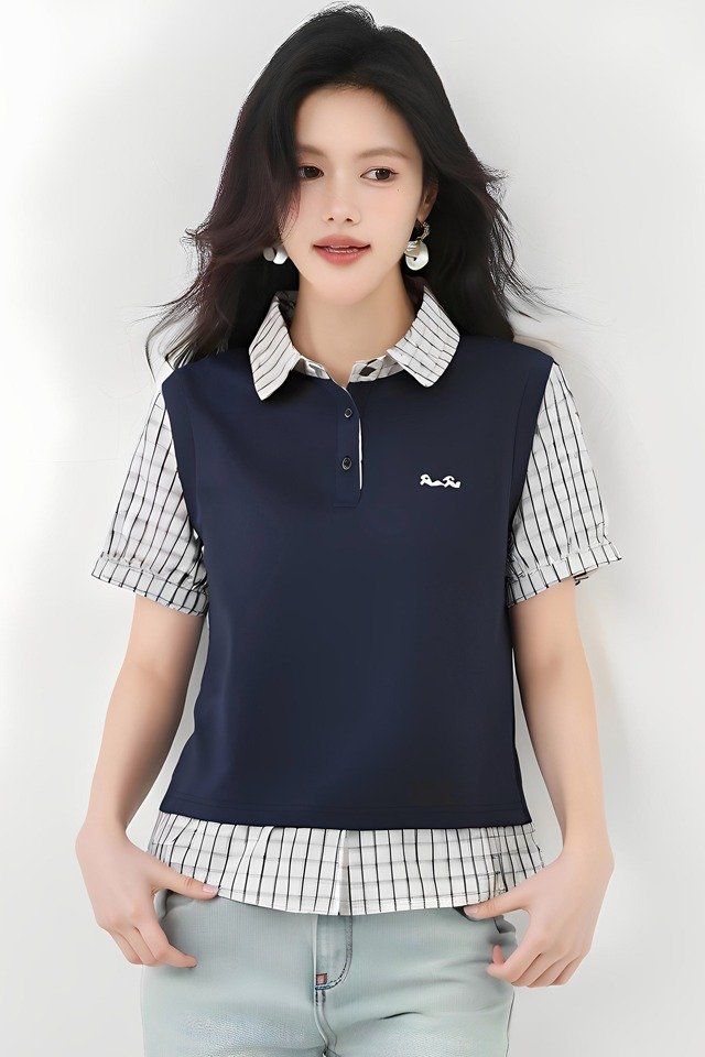 봄 여름 루즈핏 페이크레이어드 카라티 스트라이프 반팔 폴로셔츠 데일리룩 출근룩 오피스룩 - 상세 이미지 5