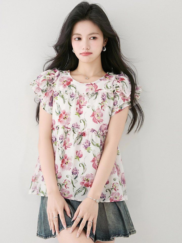 봄 여름 루즈핏 플라워 쉬폰 블라우스 프릴소매 캉캉 라운드넥 데일리룩 나들이룩 체형커버 - 상세 이미지 2