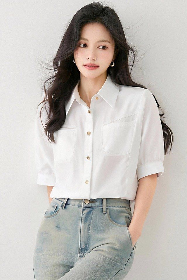 봄 여름 루즈핏 포켓 반팔 카라 셔츠 블라우스 데일리룩 오피스룩 출근룩 시원한 폴리 - 상세 이미지 4