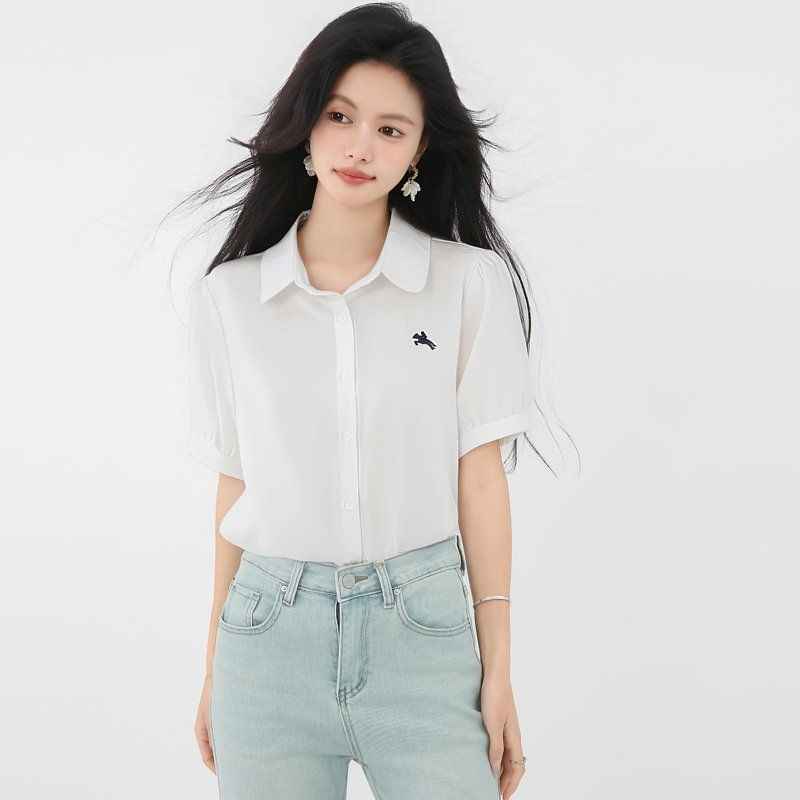 봄 여름 루즈핏 자수포인트 반팔 카라 셔츠 블라우스 데일리룩 오피스룩 출근룩 시원한 - 상품 이미지