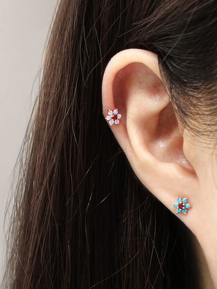 [0.8mm]14K 인터널 오팔 터키석 큐빅 플라워 라블렛 피어싱 귀걸이 이미지 8