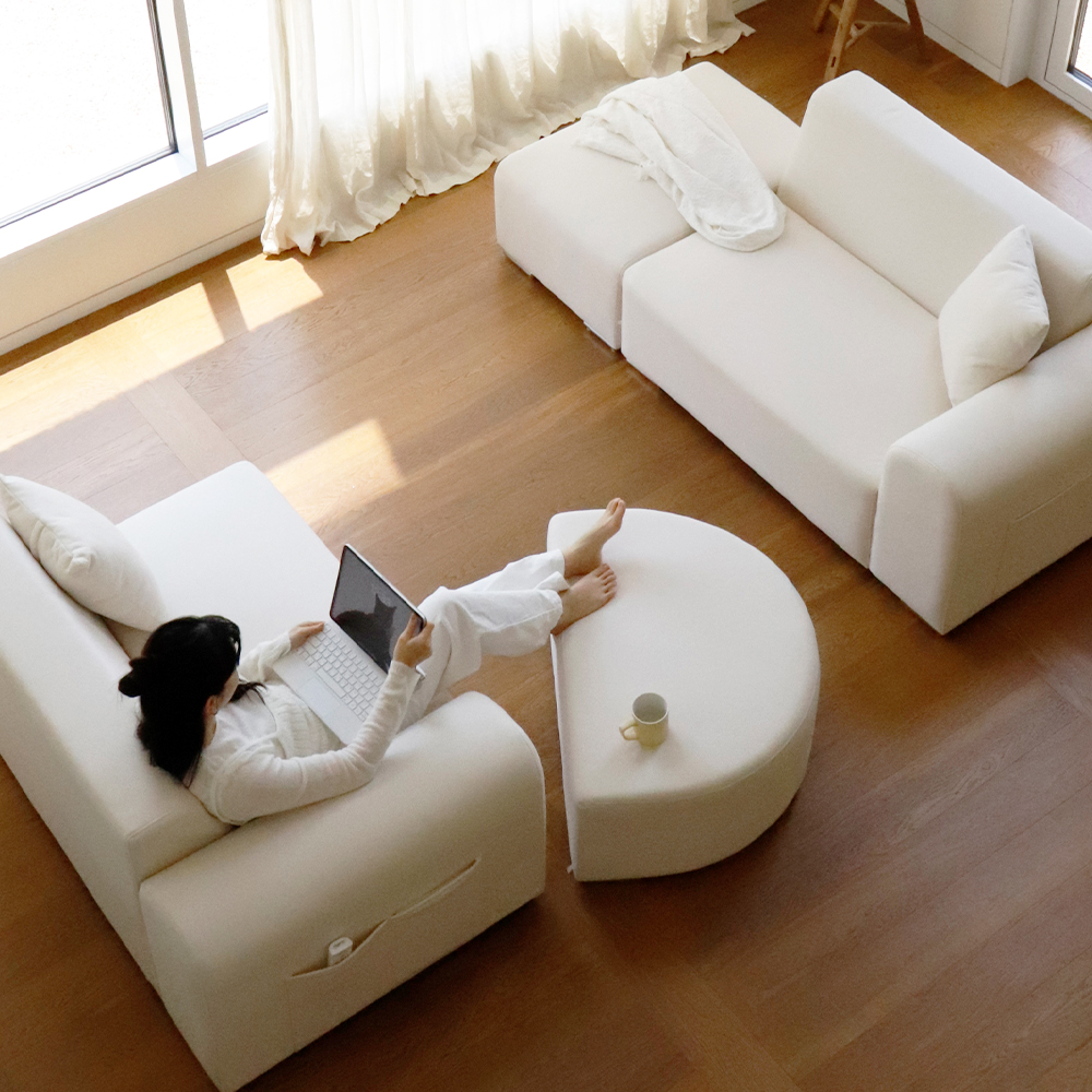 피오 아쿠아텍스 2인용 소파 패브릭 소파세트 아이보리 스툴 쿠션 포함