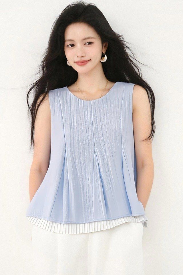 봄 여름 루즈핏 플리츠 나시 블라우스 민소매 라운드넥 데일리룩 레이어드룩 오피스룩 시원한 - 상세 이미지 5