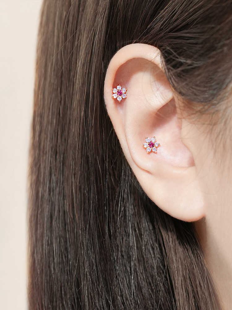 [0.8mm]14K 인터널 오팔 터키석 큐빅 플라워 라블렛 피어싱 귀걸이 이미지 6