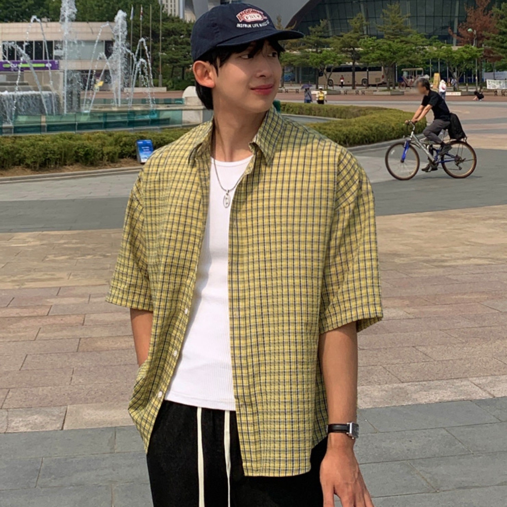 남자 즈로 오버핏 여름 코튼 체크 반팔 셔츠 남방 - 상세 이미지 4