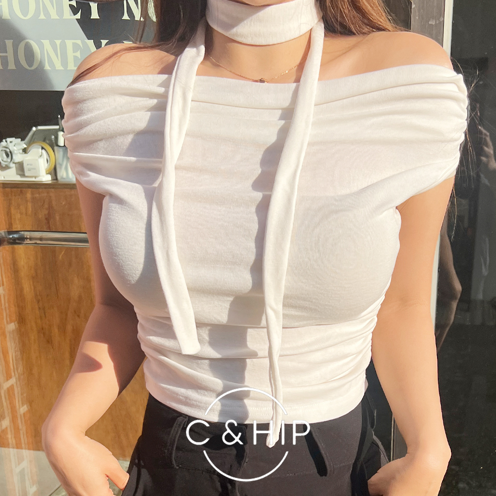 로지 타이 머플러 스카프 세트 셔링 주름 오프숄더 반팔 티셔츠 5color - 상품 이미지