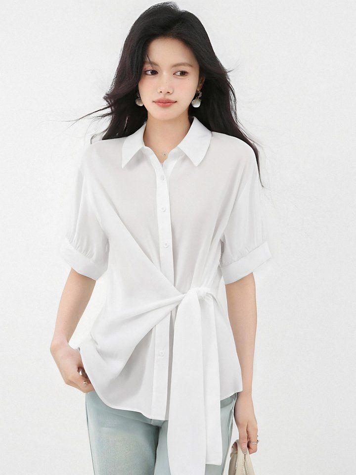 봄 여름 루즈핏 매듭 카라 셔츠 블라우스 반팔 허리묶음 데일리룩 오피스룩 출근룩 시원한 - 상세 이미지 2