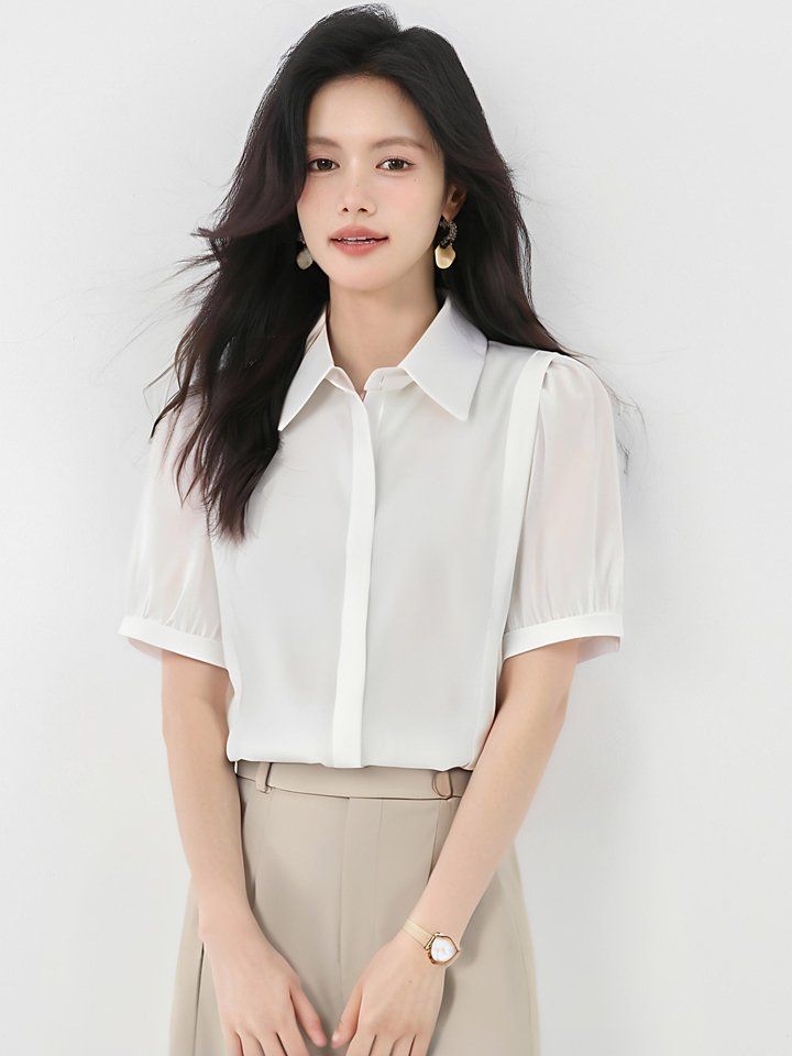 봄 여름 루즈핏 퍼프소매 반팔 셔츠 카라 블라우스 데일리룩 오피스룩 출근룩 시원한 폴리 - 상세 이미지 3
