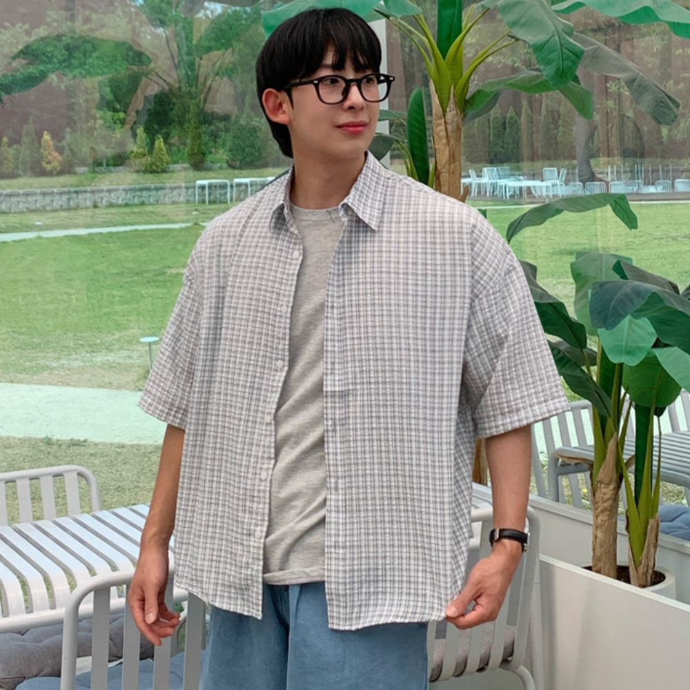 남자 즈로 오버핏 여름 코튼 체크 반팔 셔츠 남방 - 상세 이미지 2