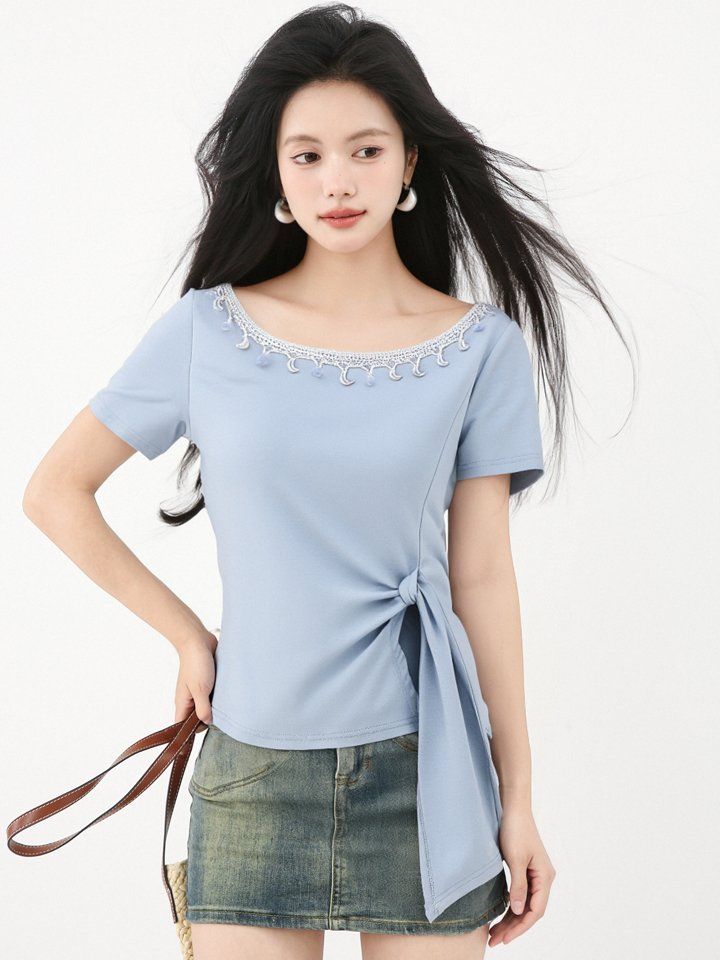 봄 여름 슬림핏 레이스넥 매듭 티셔츠 반팔 허리묶음 언발란스 보트넥 데일리룩 페미닌룩 - 상세 이미지 4