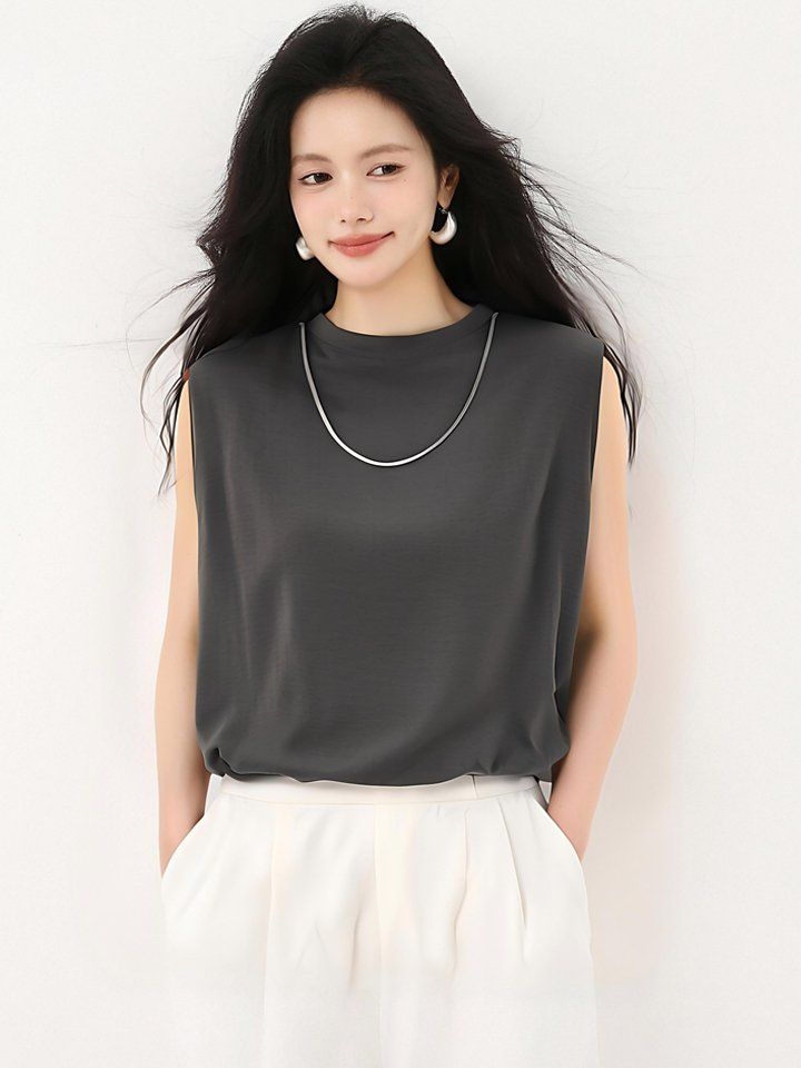 봄 여름 루즈핏 민소매 나시티 크롭티 라운드넥 데일리룩 이너웨어 레이어드룩 시원한 - 상세 이미지 3
