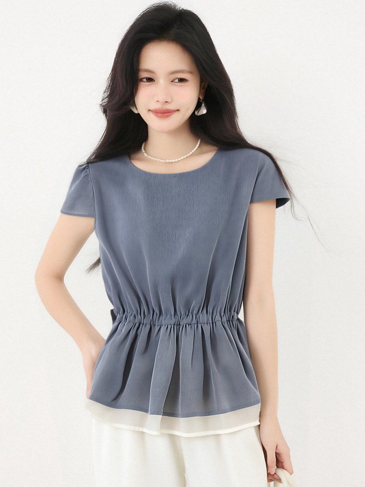 봄 여름 슬림핏 허리스트링 페플럼 블라우스 반팔 라운드넥 데일리룩 오피스룩 출근룩 - 상세 이미지 4