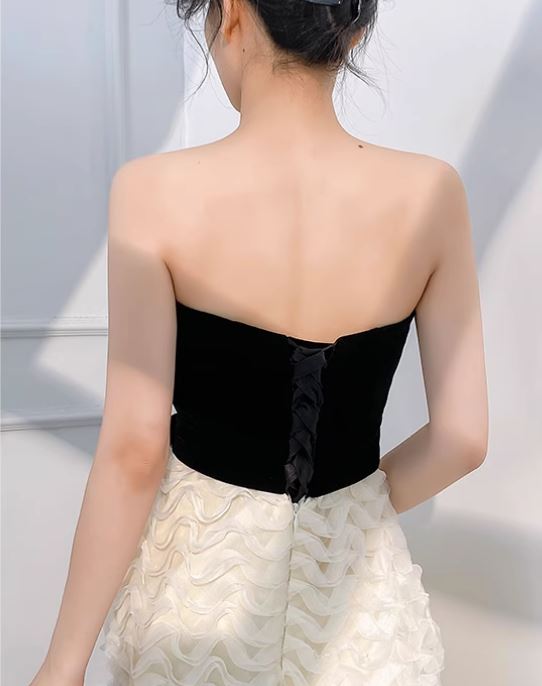 블랙 화이트 벨벳 셀프웨딩 촬영의상 피로연 이브닝 2부드레스 - 상세 이미지 5