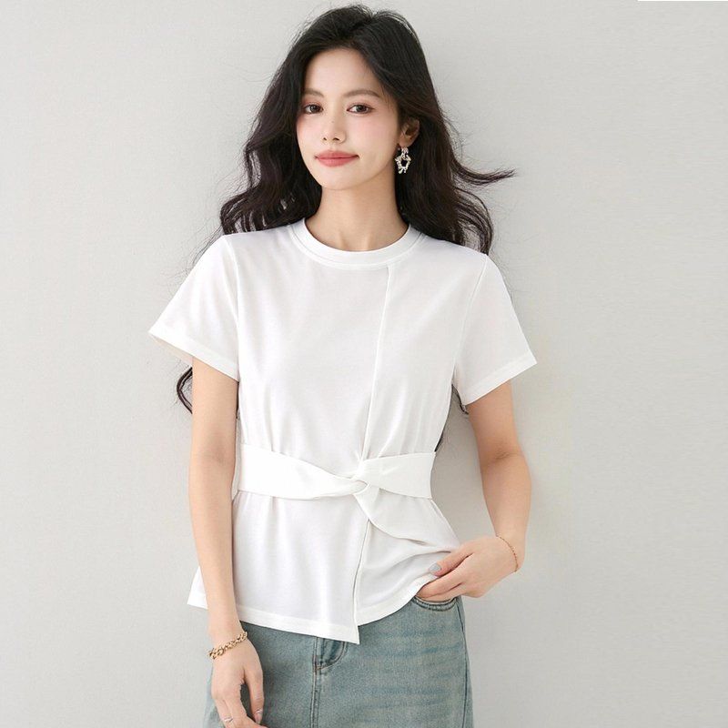 봄 여름 슬림핏 매듭 반팔 티셔츠 허리묶음 언발란스 라운드넥 데일리룩 오피스룩 출근룩 - 메인 이미지