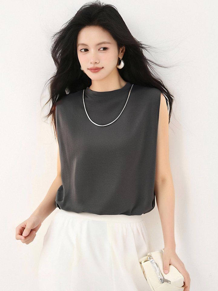 봄 여름 루즈핏 민소매 나시티 크롭티 라운드넥 데일리룩 이너웨어 레이어드룩 시원한 - 상세 이미지 4