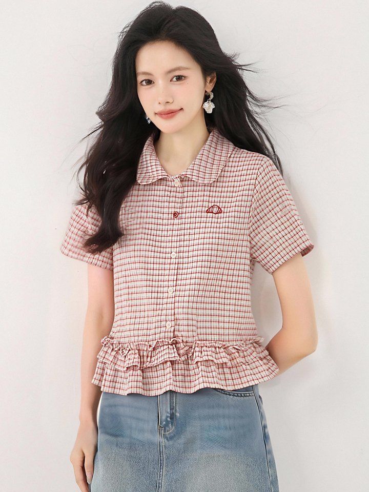 봄 여름 루즈핏 체크 크롭 셔츠 블라우스 반팔 카라 프릴밑단 데일리룩 캐주얼룩 - 상세 이미지 3