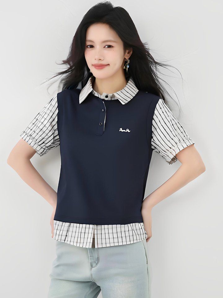 봄 여름 루즈핏 페이크레이어드 카라티 스트라이프 반팔 폴로셔츠 데일리룩 출근룩 오피스룩 - 상세 이미지 3