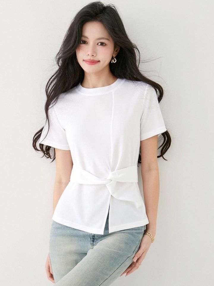 봄 여름 슬림핏 매듭 반팔 티셔츠 허리묶음 언발란스 라운드넥 데일리룩 오피스룩 출근룩 - 상세 이미지 3