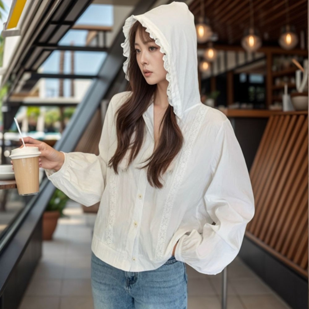 여성긴팔남방 레이스 후드 크롭 여름 블레이저 셔츠 남방 - 상품 이미지