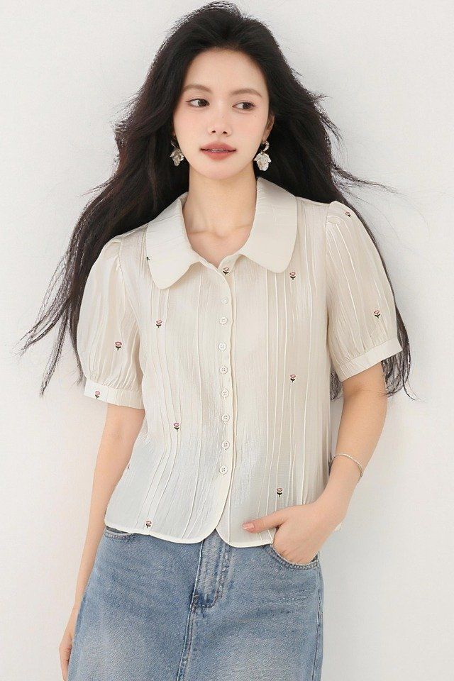 봄 여름 루즈핏 플라워자수 핀턱 블라우스 반팔 카라셔츠 데일리룩 오피스룩 출근룩 예쁜핏 - 상세 이미지 5