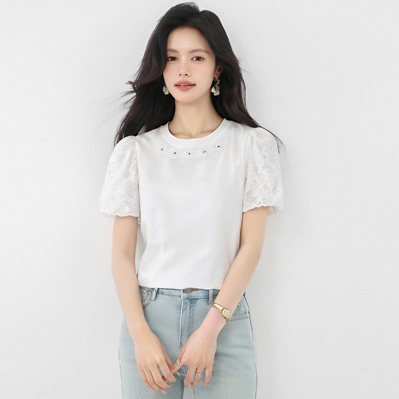 봄 여름 루즈핏 플라워자수 퍼프소매 티셔츠 반팔 라운드넥 아플리케 데일리룩 페미닌룩 - 메인 이미지