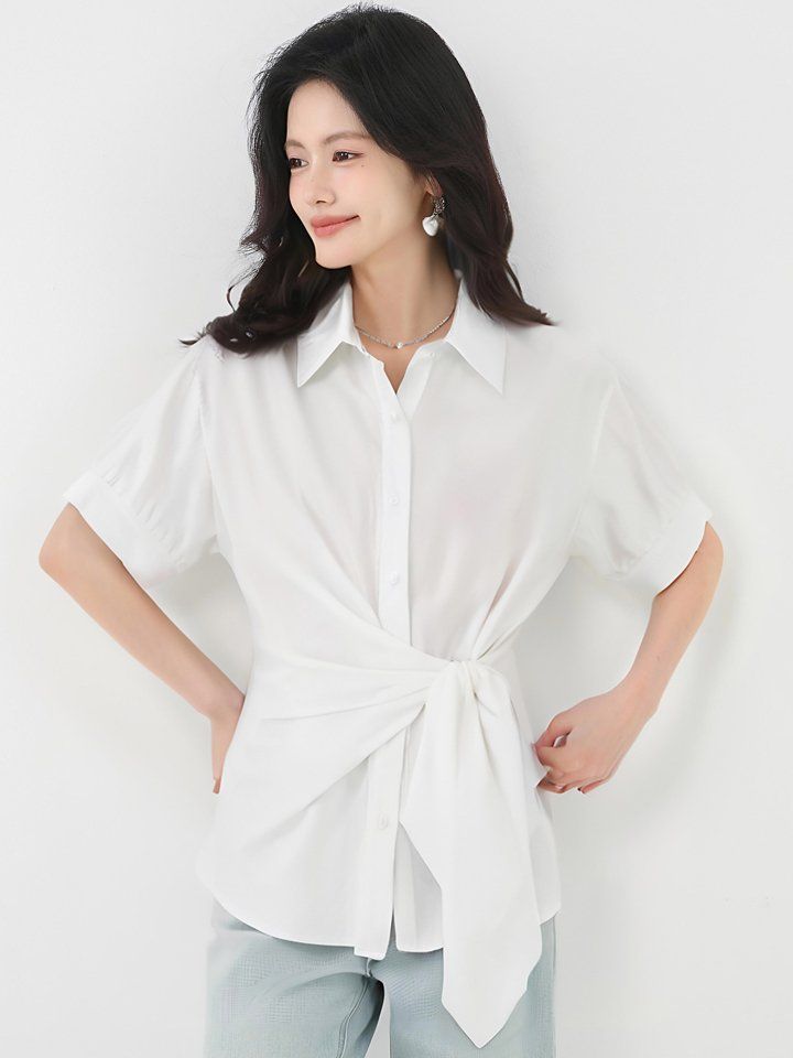 봄 여름 루즈핏 매듭 카라 셔츠 블라우스 반팔 허리묶음 데일리룩 오피스룩 출근룩 시원한 - 상세 이미지 3