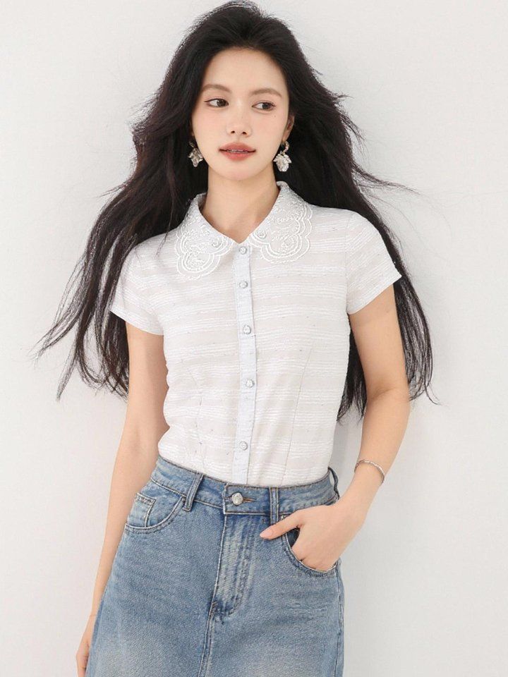 자수카라 반팔 셔츠 블라우스 슬림핏 봄 여름 데일리룩 오피스룩 출근룩 면접룩 하객룩 - 상세 이미지 3